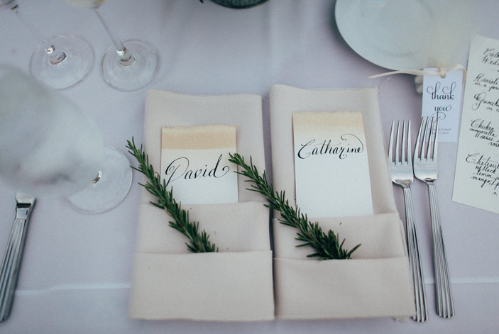 hand calligraphed, dip dyed, wedding menu, rosemary sprig