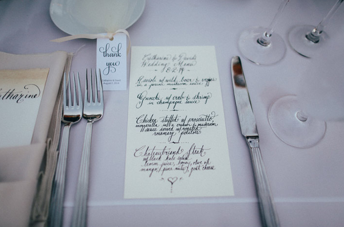 hand calligraphed, dip dyed, wedding menu
